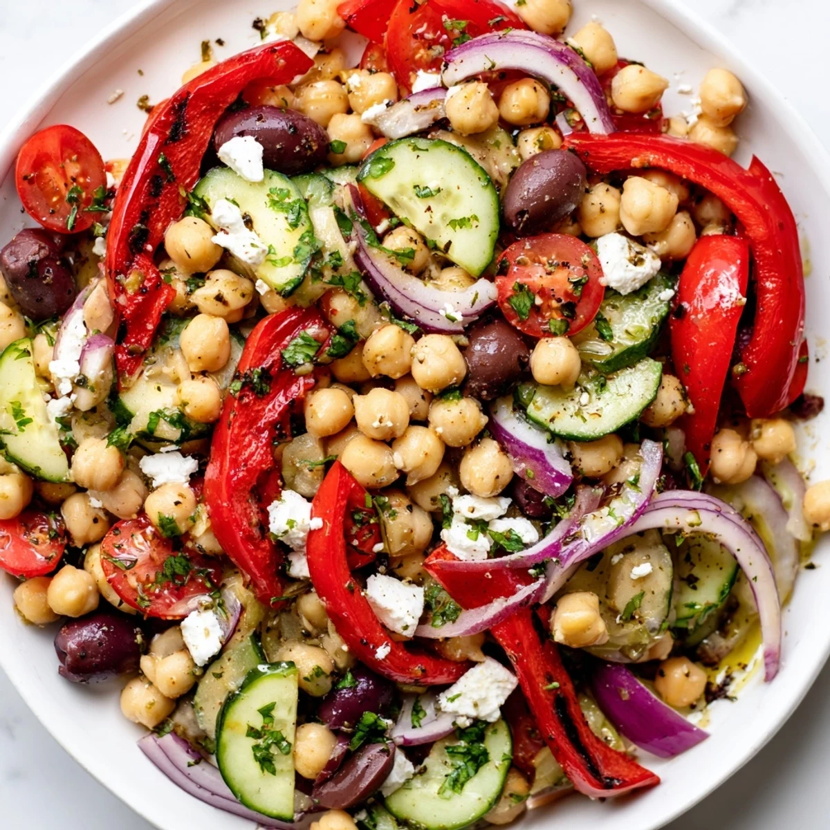 Colorful Mediterranean chickpea and roasted pepper salad with fresh vegetables in a white bowl