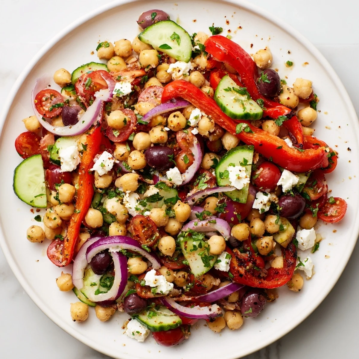 Vibrant bowl of Mediterranean chickpea and roasted pepper salad topped with parsley and diced vegetables