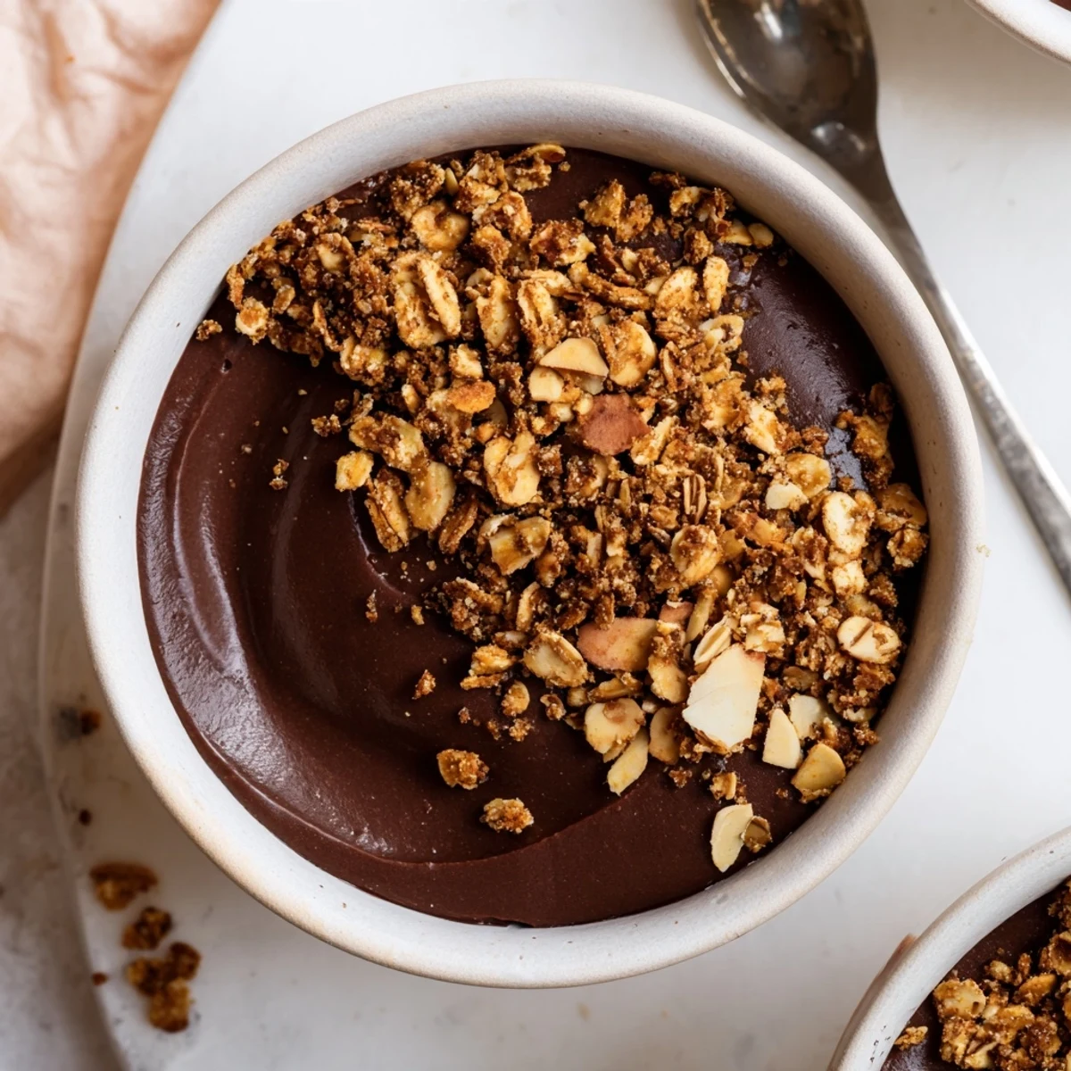 Creamy chocolate avocado protein pudding topped with golden almond crumble in small glass bowls