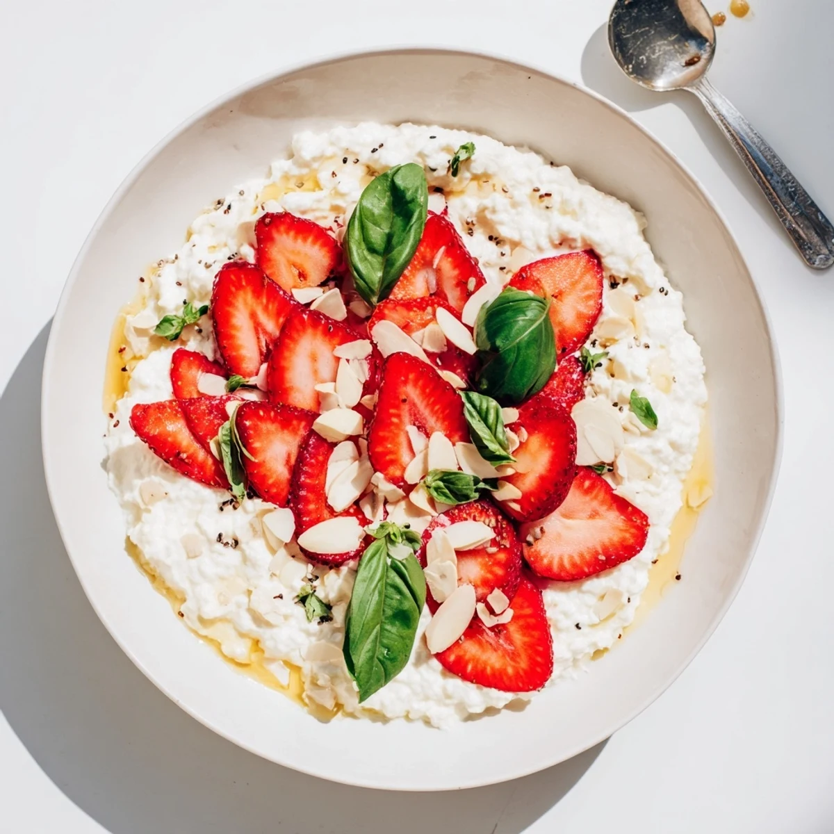 Protein-packed cottage cheese bowl layered with sweet strawberries, fragrant basil, and drizzled honey in white dish