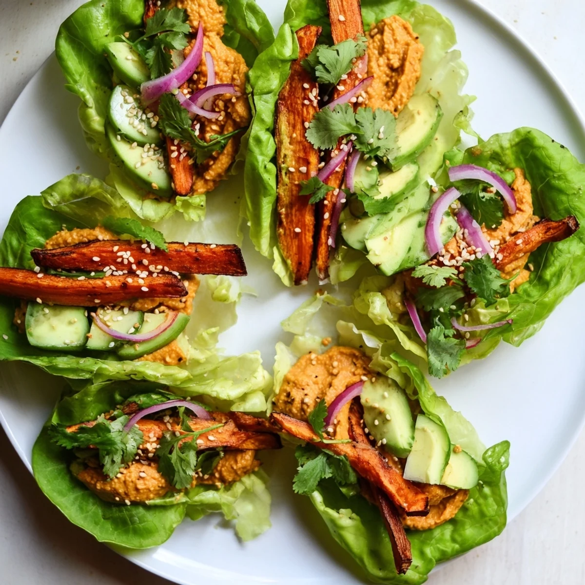 Golden roasted carrot sticks nestled in harissa hummus lettuce wraps with crunchy cucumber and red onion slices