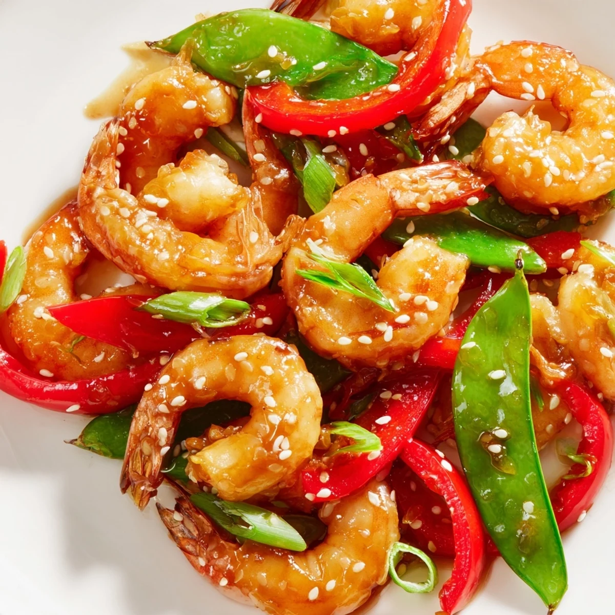 Golden garlic ginger shrimp with snap peas stir fry in a white serving bowl