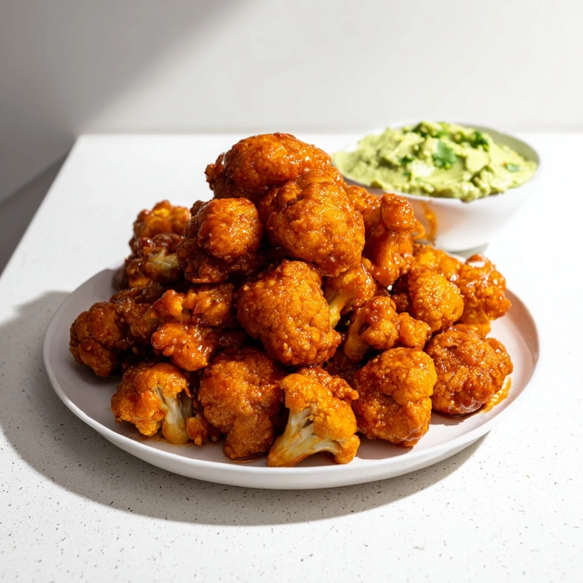 Golden baked crispy buffalo cauliflower served with a bowl of cool green avocado dip