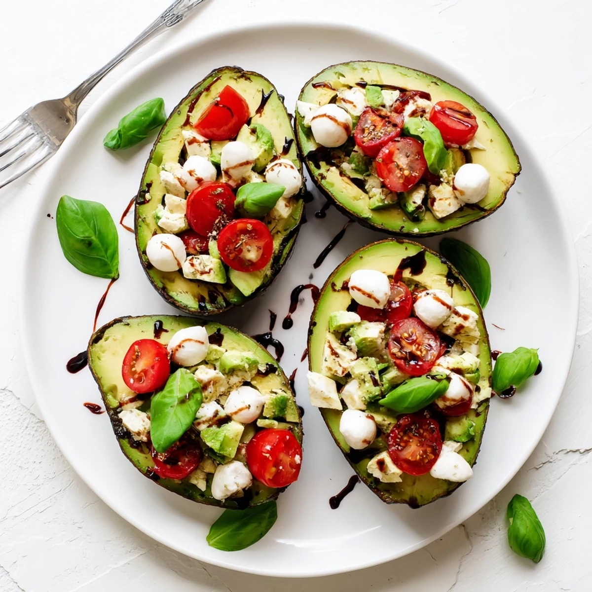 Fresh avocado halves topped with cottage cheese Caprese mixture and drizzled with balsamic glaze