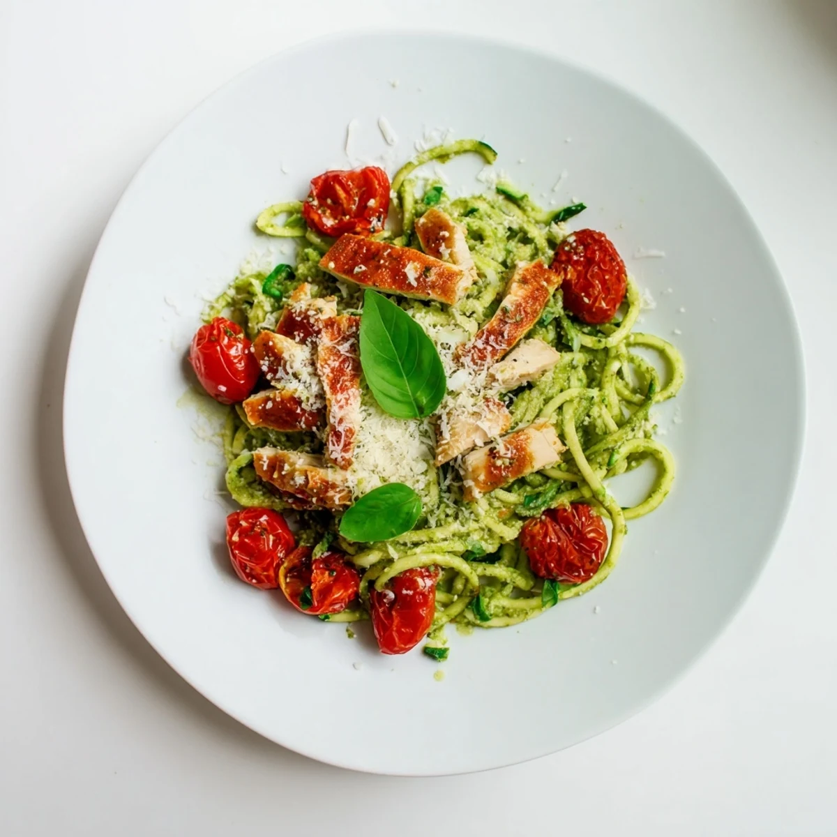 Golden pesto chicken strips tossed with crisp zucchini noodles and sweet roasted cherry tomatoes in a white bowl