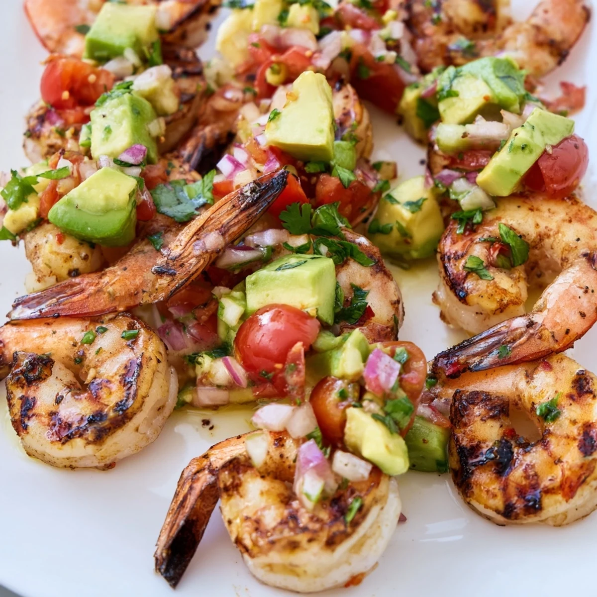 Perfectly charred grilled lemon garlic shrimp served alongside colorful avocado tomato salsa
