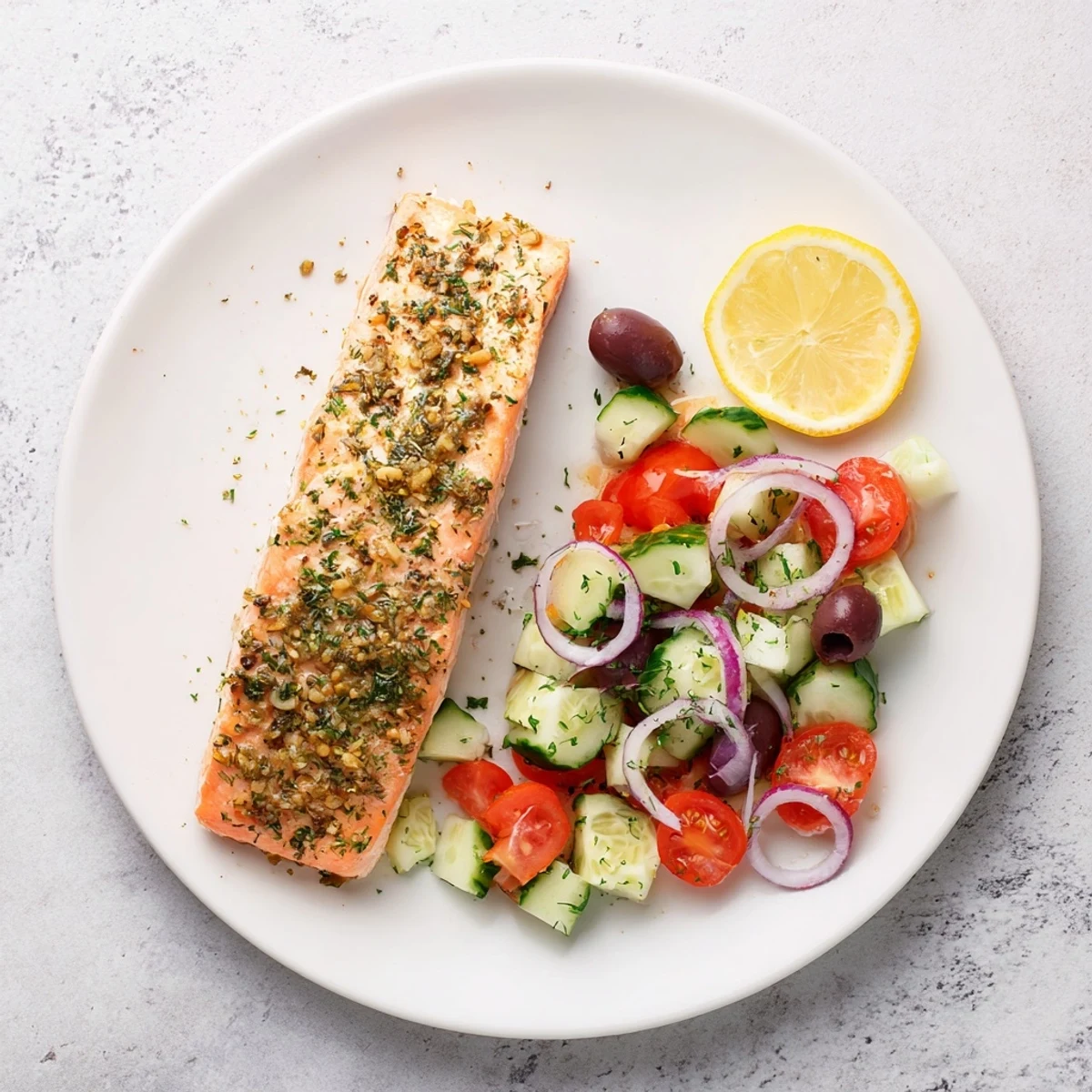 Flaky salmon seasoned with aromatic Mediterranean herbs paired with crisp cucumber and cherry tomato salad