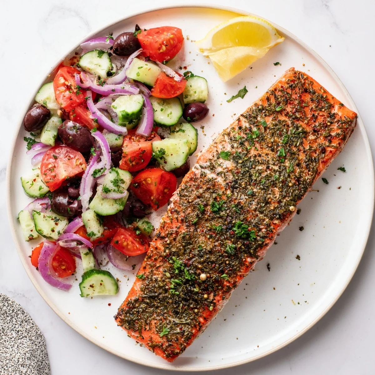 Heart-healthy Mediterranean herb salmon with refreshing cucumber tomato salad garnished with lemon wedges and parsley
