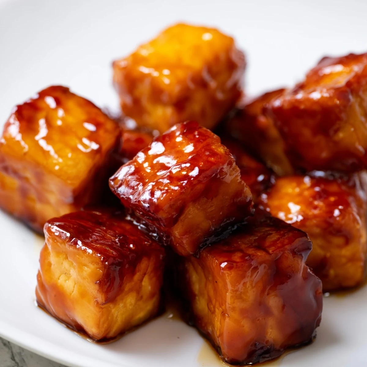 Crispy maple glazed tofu pieces arranged over a bed of crunchy shredded cabbage carrot and bell pepper mixture
