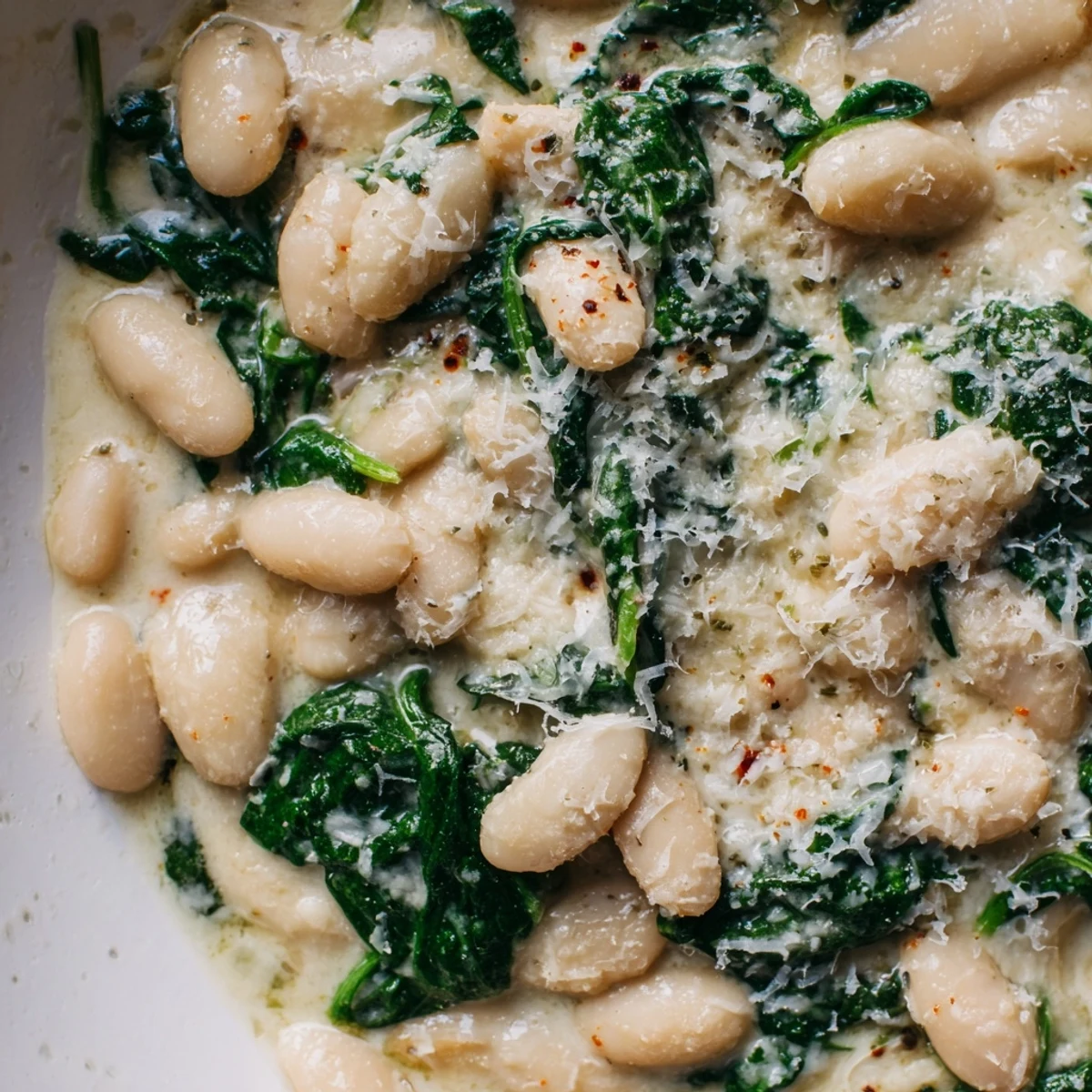 Creamy spinach and white bean skillet bubbling in a cast iron pan with melted Parmesan