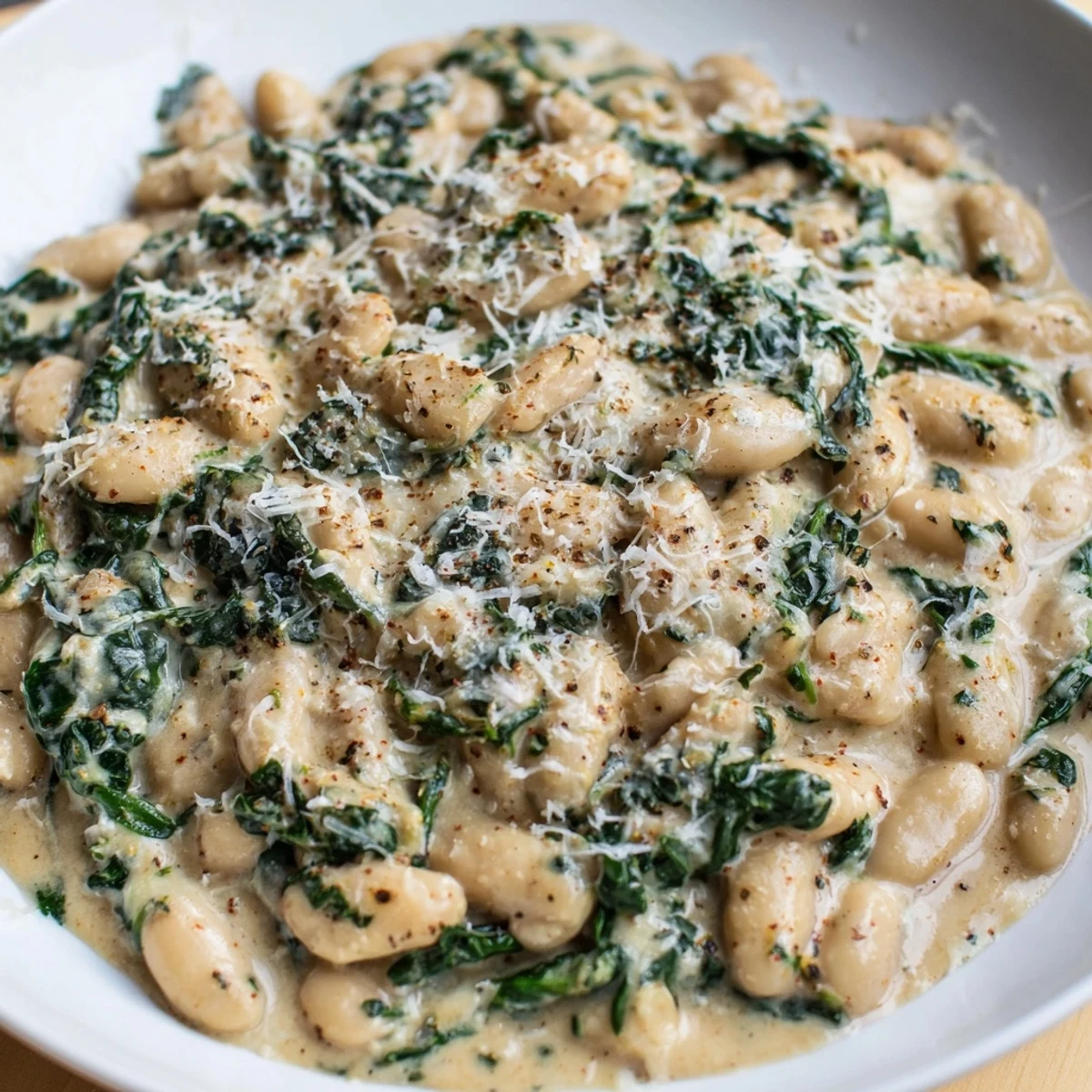 Vegetarian creamy spinach and white bean skillet served hot with parmesan cheese sprinkled on top