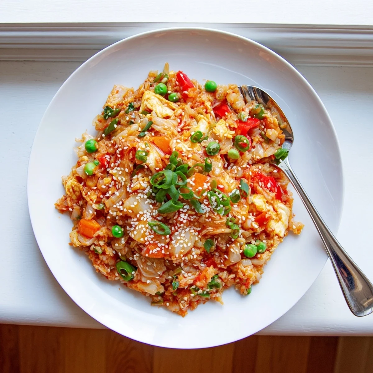 Steaming plate of Korean fusion spicy kimchi cauliflower fried rice topped with fresh scallions and toasted sesame seeds