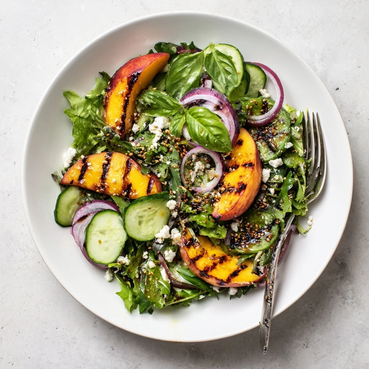 Colorful summer bowl showcasing sweet grilled peaches over crisp arugula and spinach topped with crunchy hemp seeds