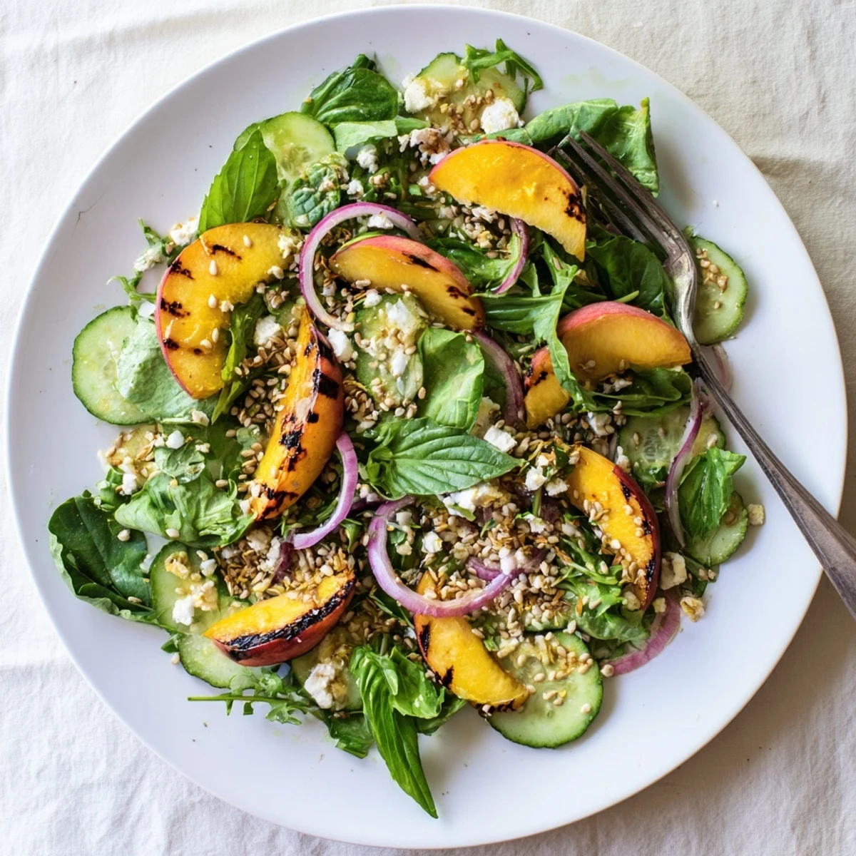 Fresh Grilled Peach and Hemp Seed Green Salad with charred peach wedges, mixed greens, and zesty honey-lime dressing