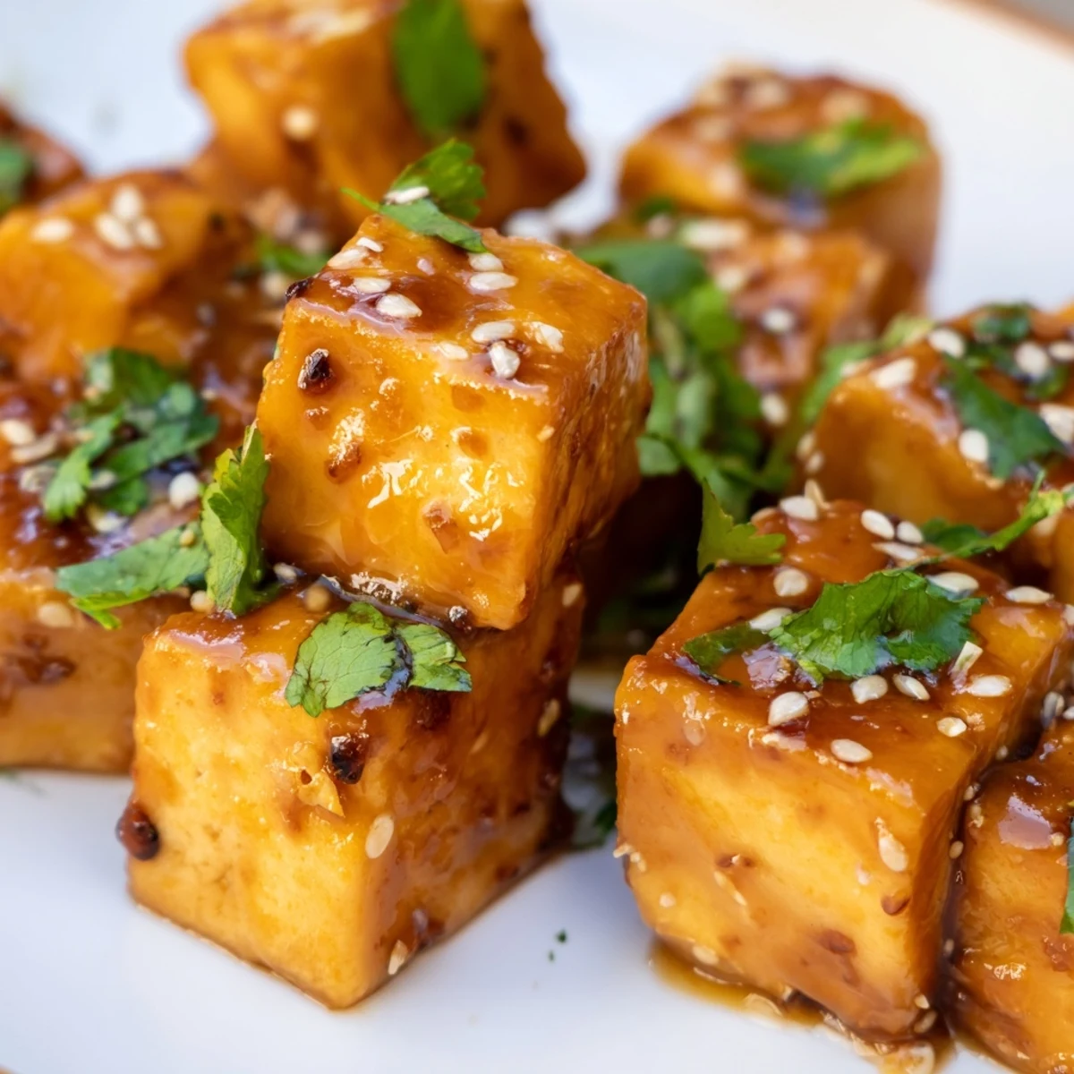 Golden brown miso ginger glazed tofu cubes served over crisp sesame cucumber salad with fresh cilantro garnish