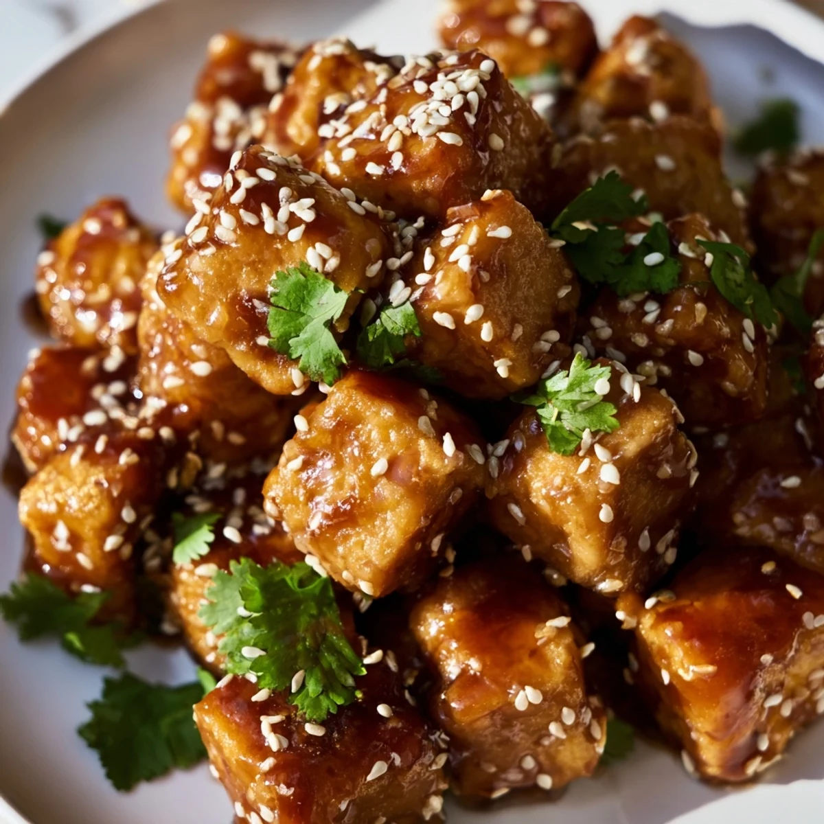 Crispy pan-fried tofu in savory miso ginger glaze paired with refreshing cucumber salad and toasted sesame seeds