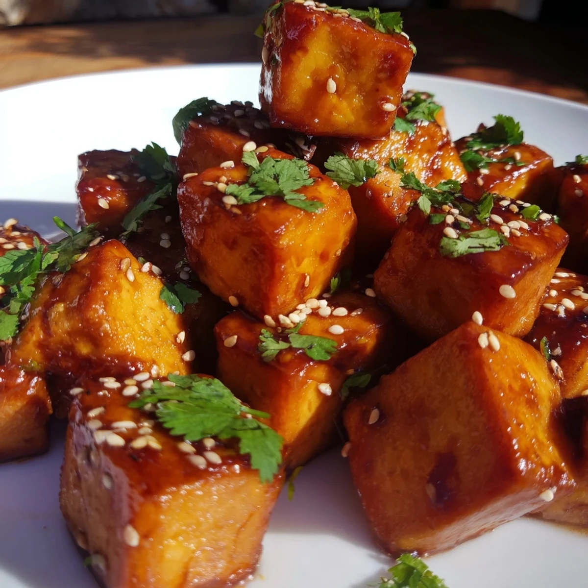 Vegan miso ginger glazed tofu with glossy coating atop crunchy cucumber sesame salad for a light dinner plate