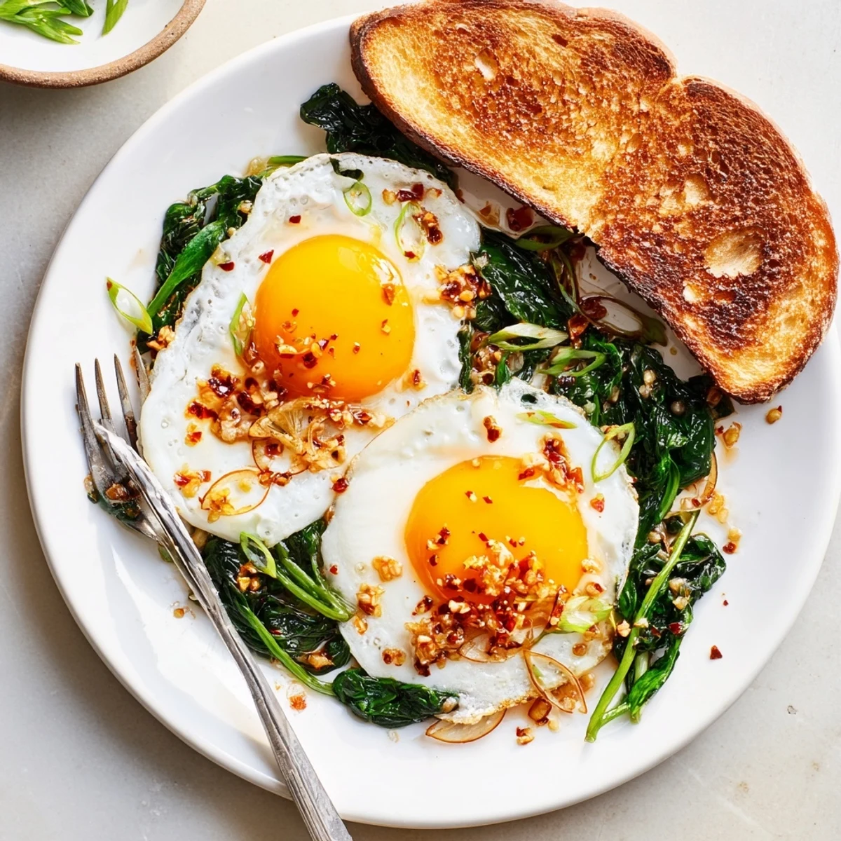 Golden crispy fried eggs with frilly edges swim in spicy red chili crisp oil alongside vibrant garlicky wilted spinach on rustic toast
