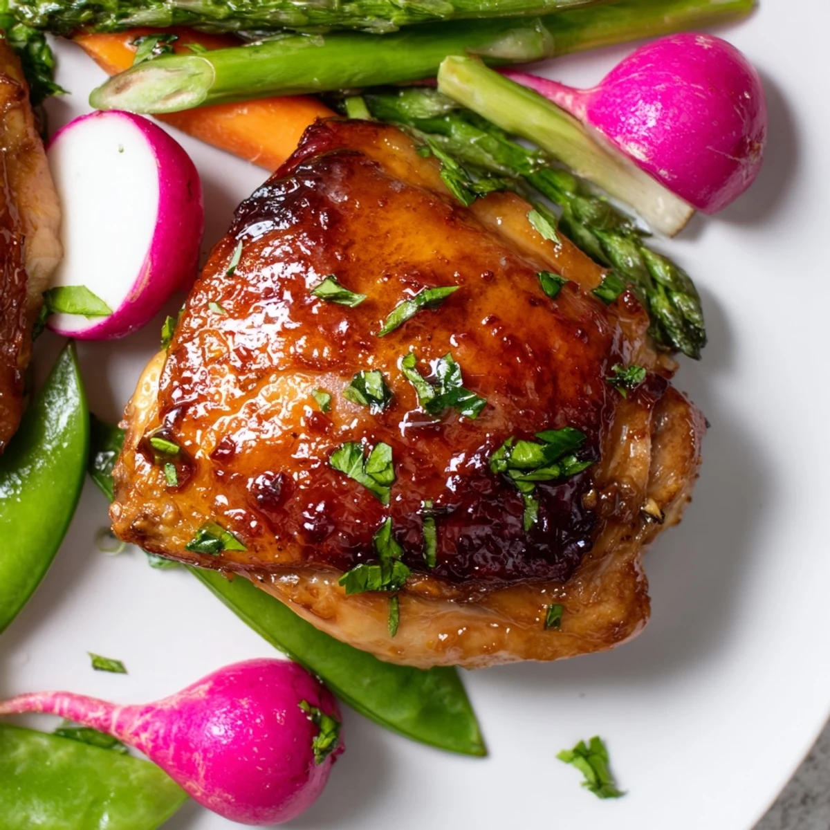 Spicy sweet hot honey chicken with tender roasted carrots radishes snap peas garnished with fresh parsley