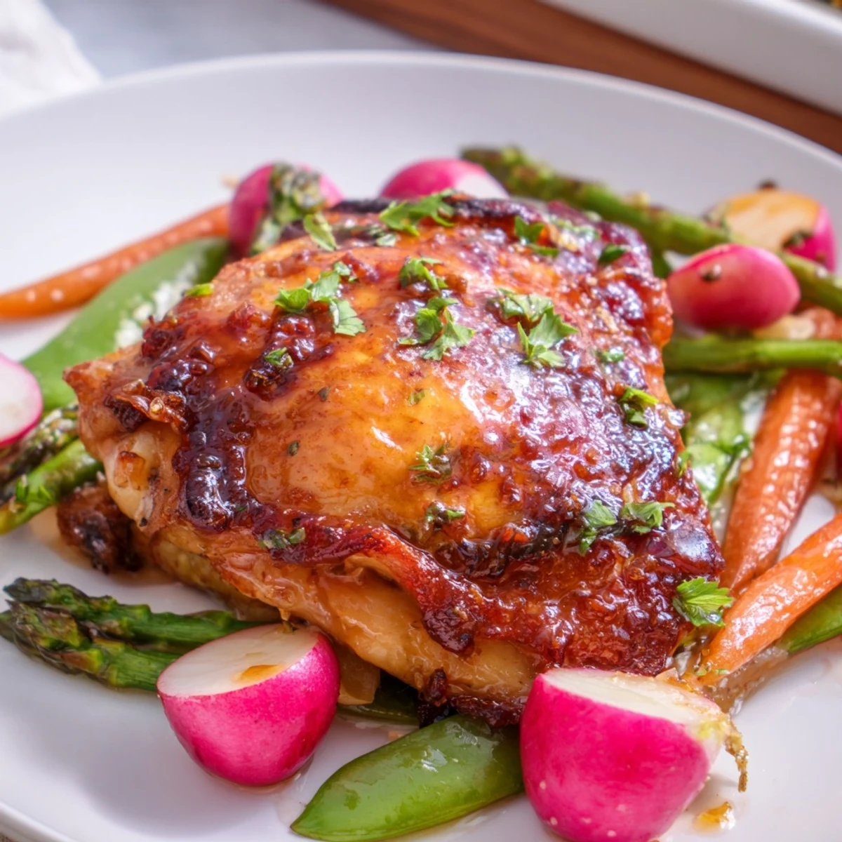 Crispy skinned chicken brushed with hot honey glaze served with medley of roasted spring vegetables and lemon