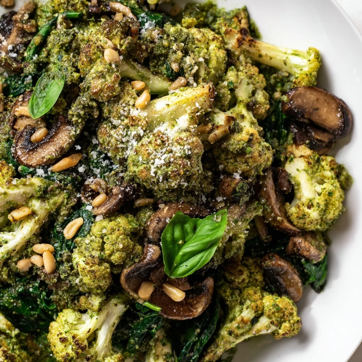 Golden cauliflower florets and earthy mushrooms sautéed with fresh spinach in vibrant green pesto skillet