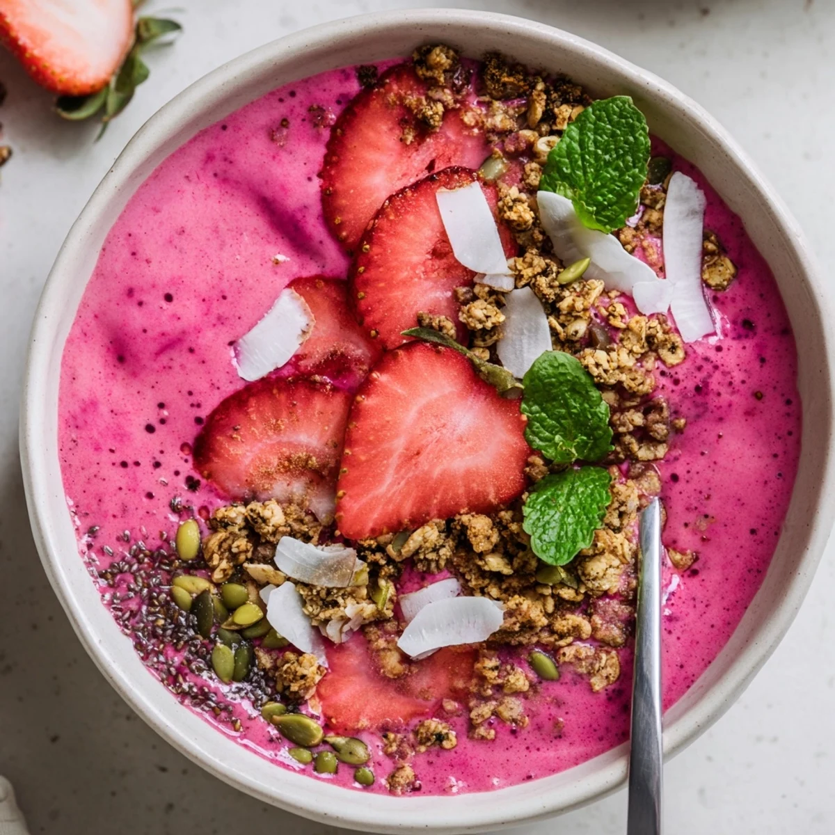 Thick strawberry coconut protein smoothie bowl topped with fresh fruit seeds and granola