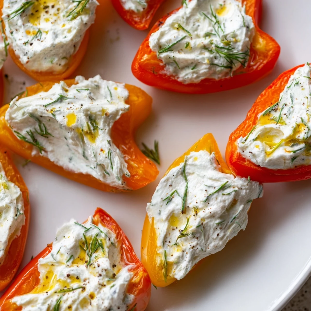 Colorful sweet peppers topped with lemon herb cottage cheese filling and black pepper garnish