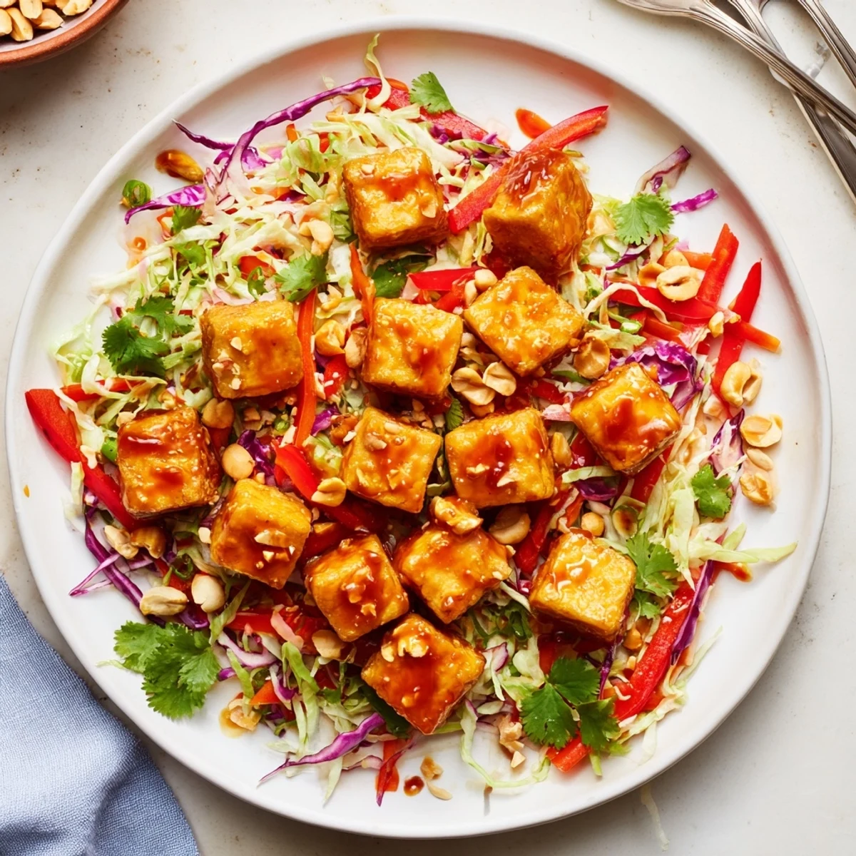 Golden crispy garlic chili tofu served atop a vibrant peanut cabbage slaw with fresh cilantro garnish
