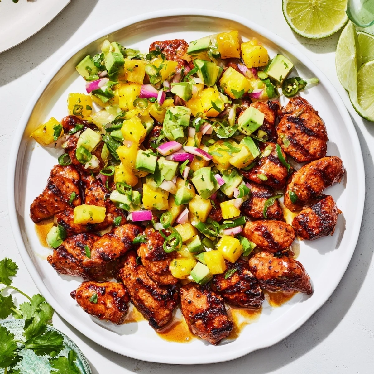 Tender marinated chicken breasts grilled with pineapple and served with fresh vibrant salsa