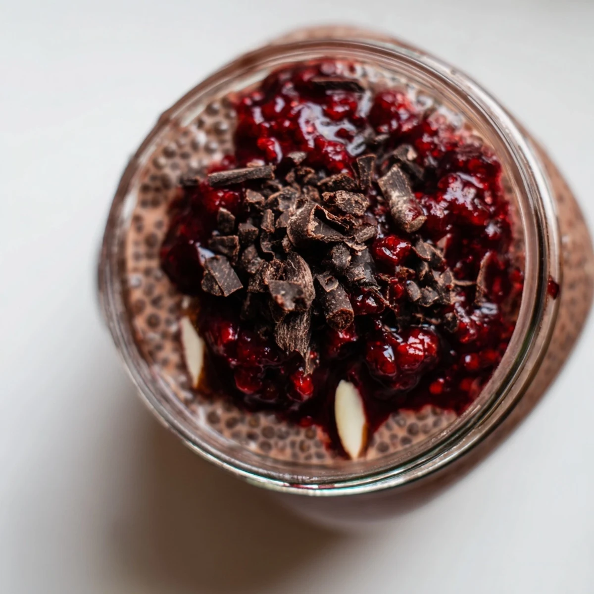 Spoonful of creamy chocolate cherry protein chia delight pudding garnished with whole cherries and sliced almonds