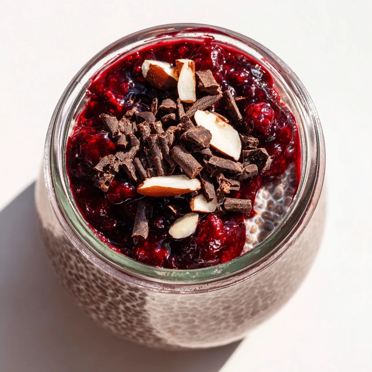 Glass jar showcasing layered chocolate cherry protein chia delight with fresh cherry topping and dark chocolate shavings
