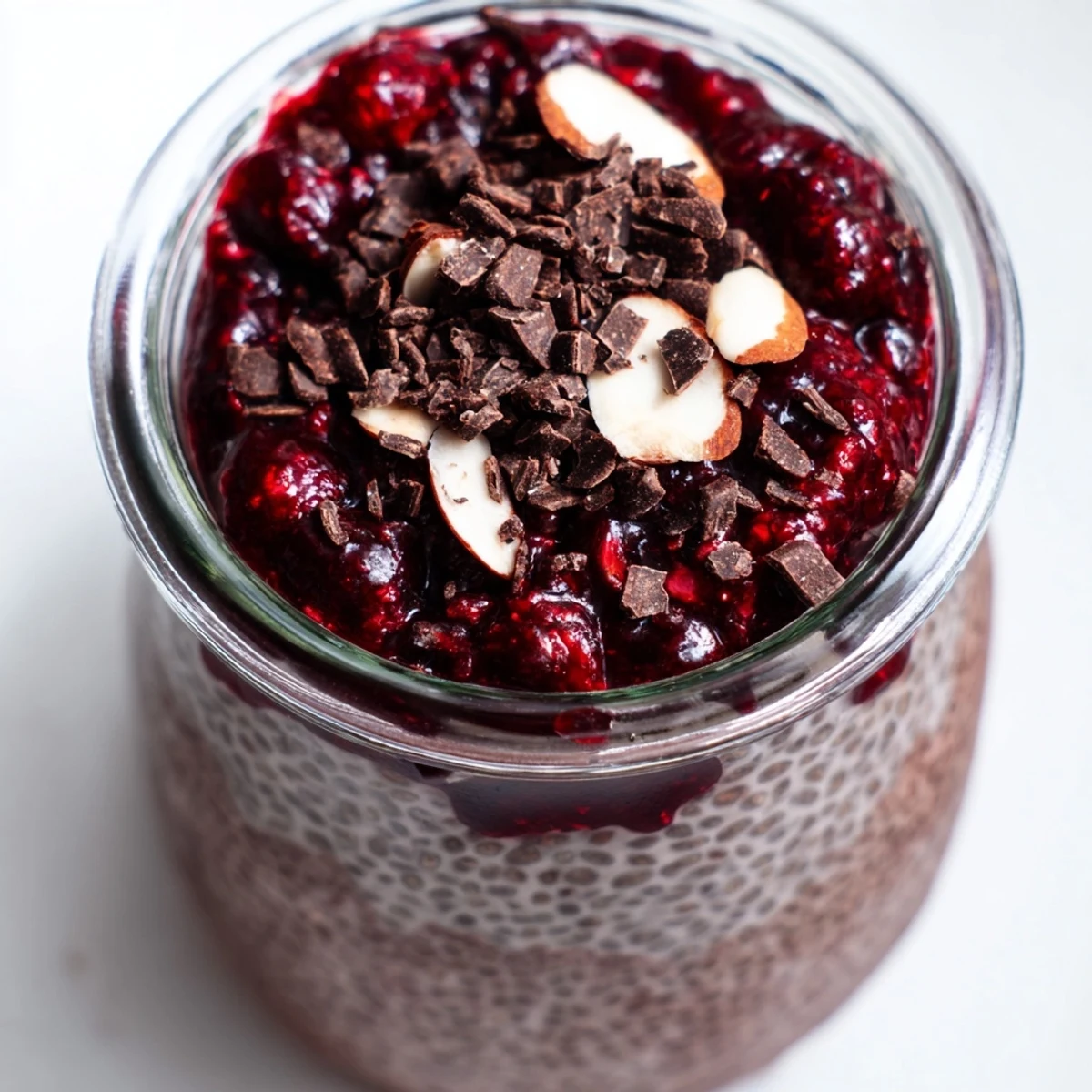 Close-up of chocolate cherry protein chia delight in clear glass with ruby cherry compote swirl and chocolate shavings