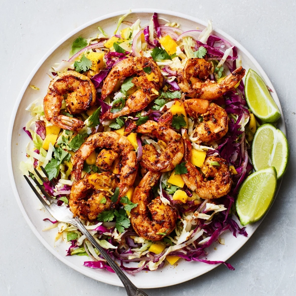 Colorful plate featuring spicy lime shrimp served on refreshing mango cabbage slaw with lime wedges