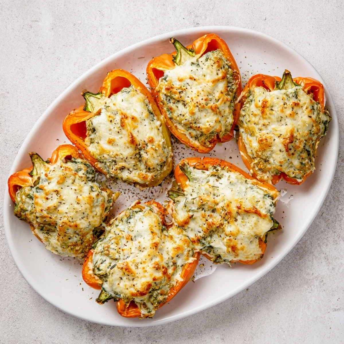 Colorful stuffed peppers filled with savory cottage cheese spinach and artichoke mixture baked until perfectly golden