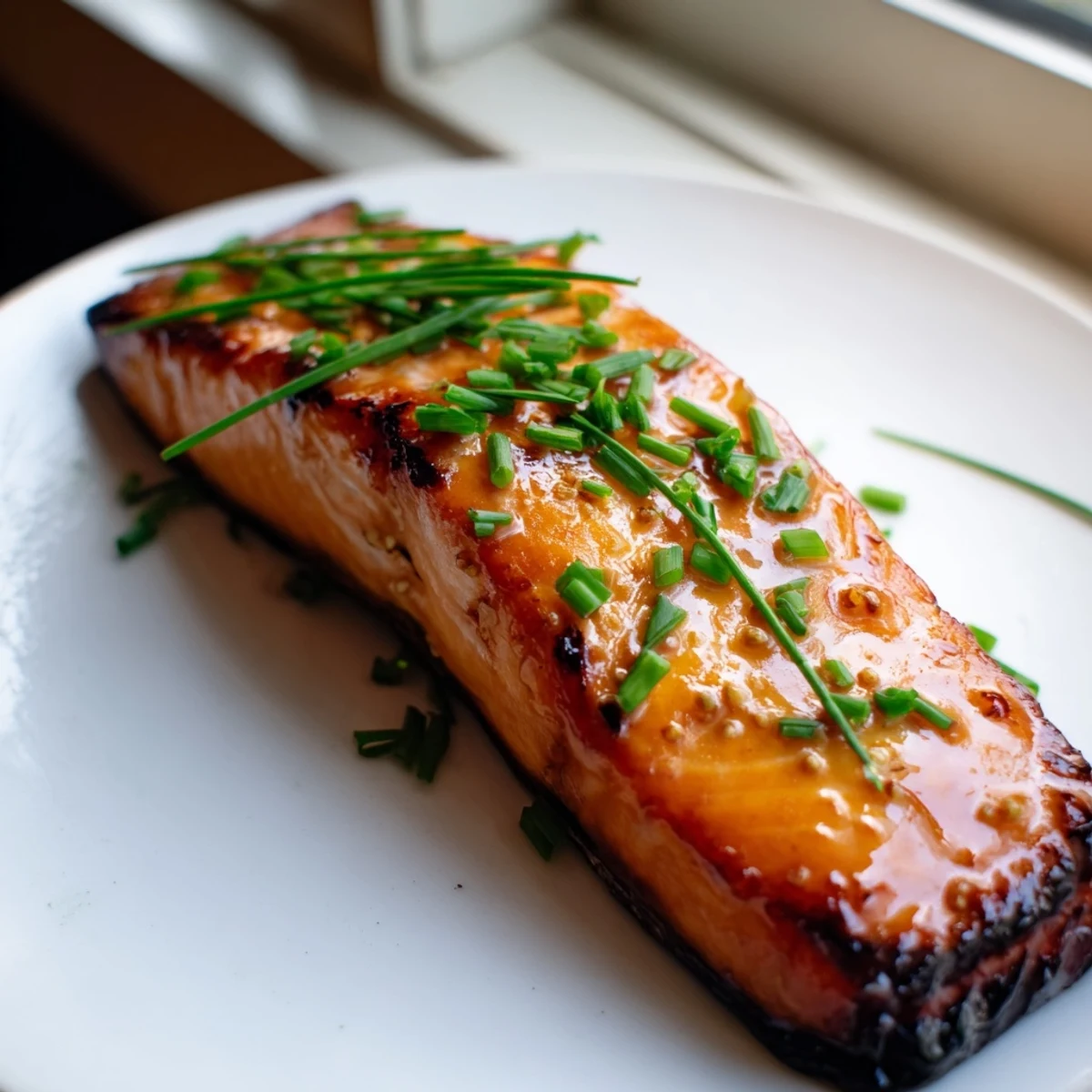 Golden glazed miso butter salmon fillets served alongside crisp sesame green beans on a white plate
