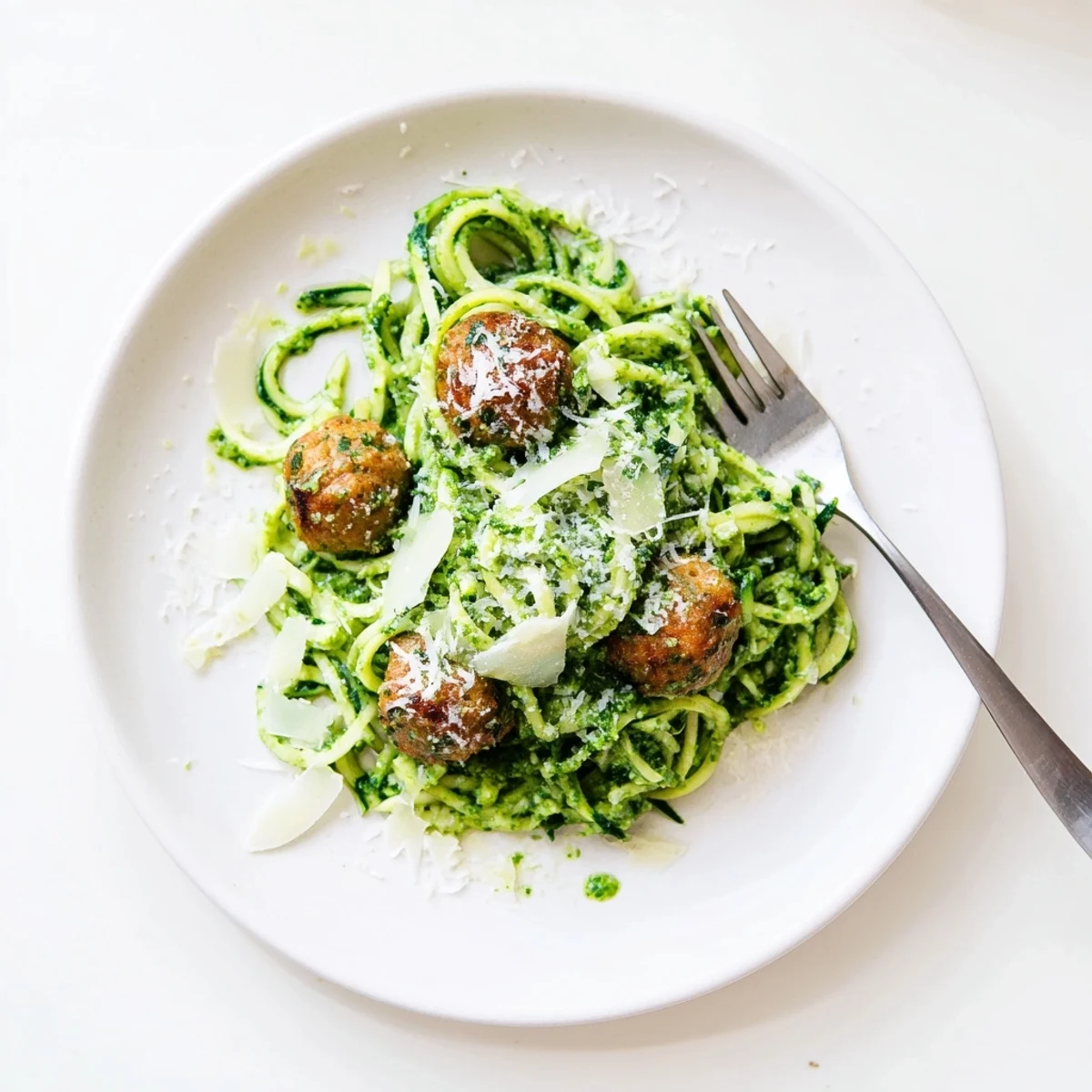 Spiralized zucchini noodles tossed with vibrant basil pesto and tender turkey meatballs on a plate