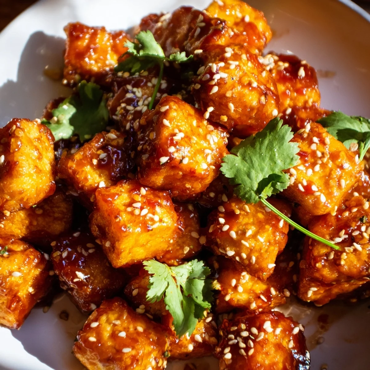 Golden brown crispy spicy honey tofu cubes plated over colorful sesame vegetable slaw with fresh garnish