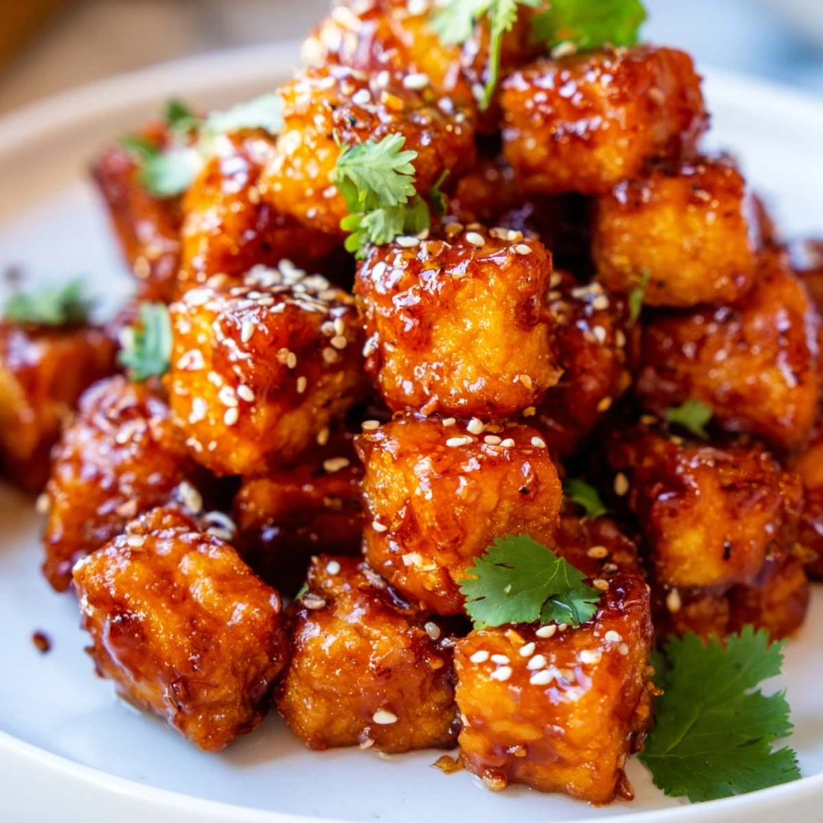 Crispy tofu glazed in sweet spicy honey sauce served atop a crunchy tangy sesame cabbage slaw
