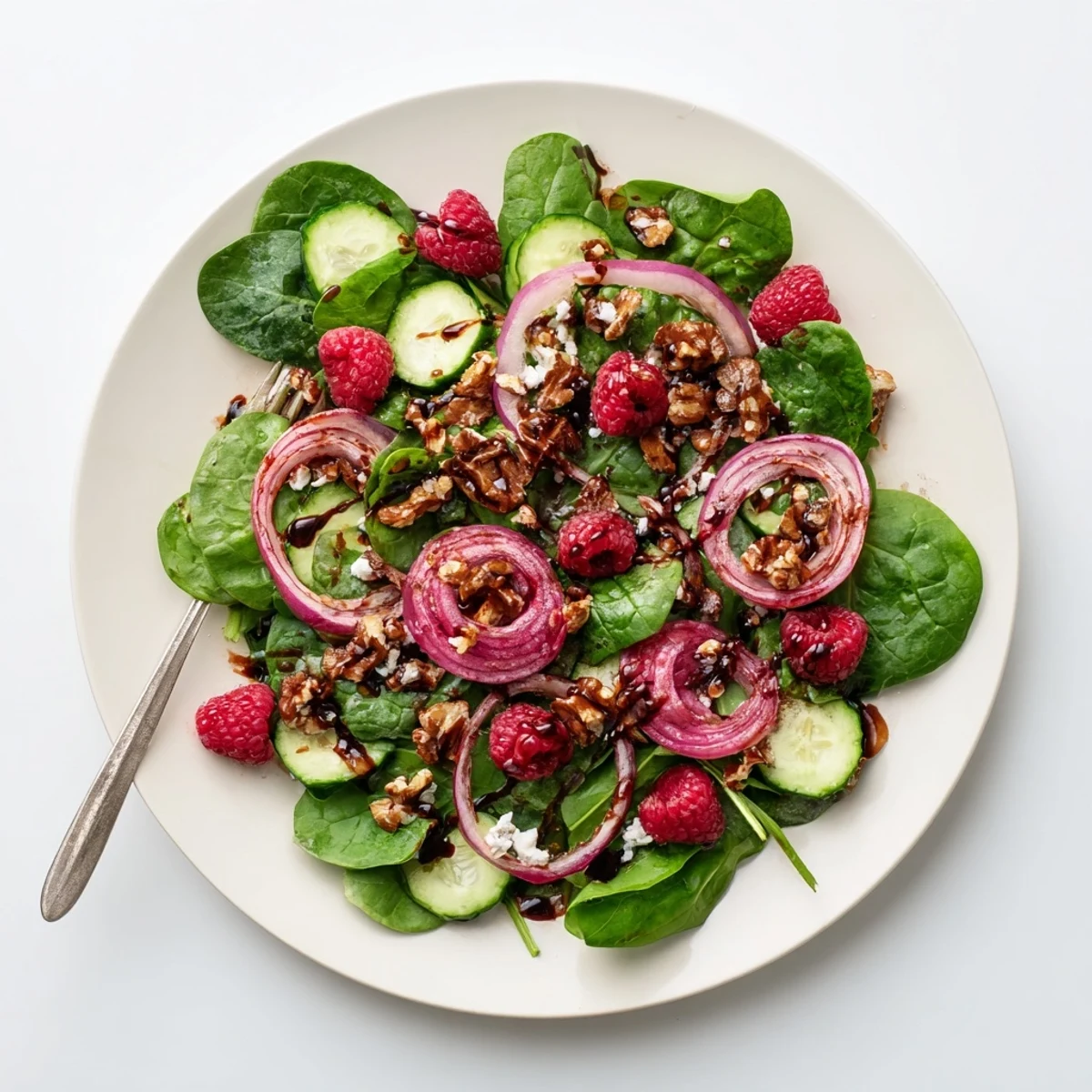 Golden roasted raspberries and crunchy maple walnuts garnish tender spinach leaves drizzled with tangy balsamic dressing