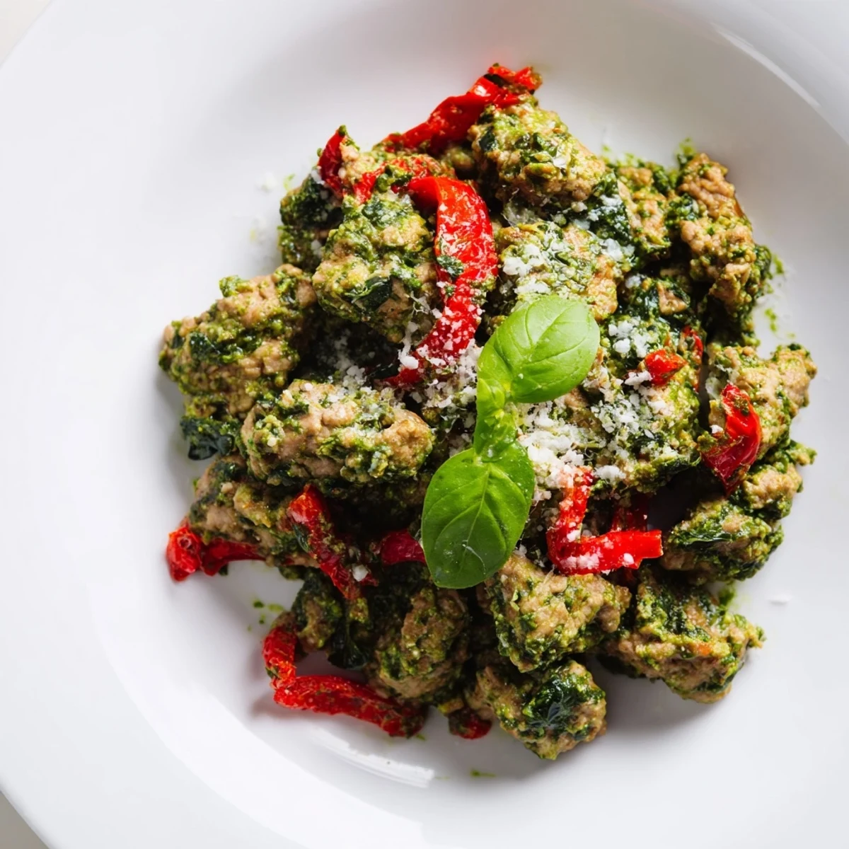 One-pan meal featuring seasoned ground turkey, sweet roasted peppers, and aromatic pesto sauce