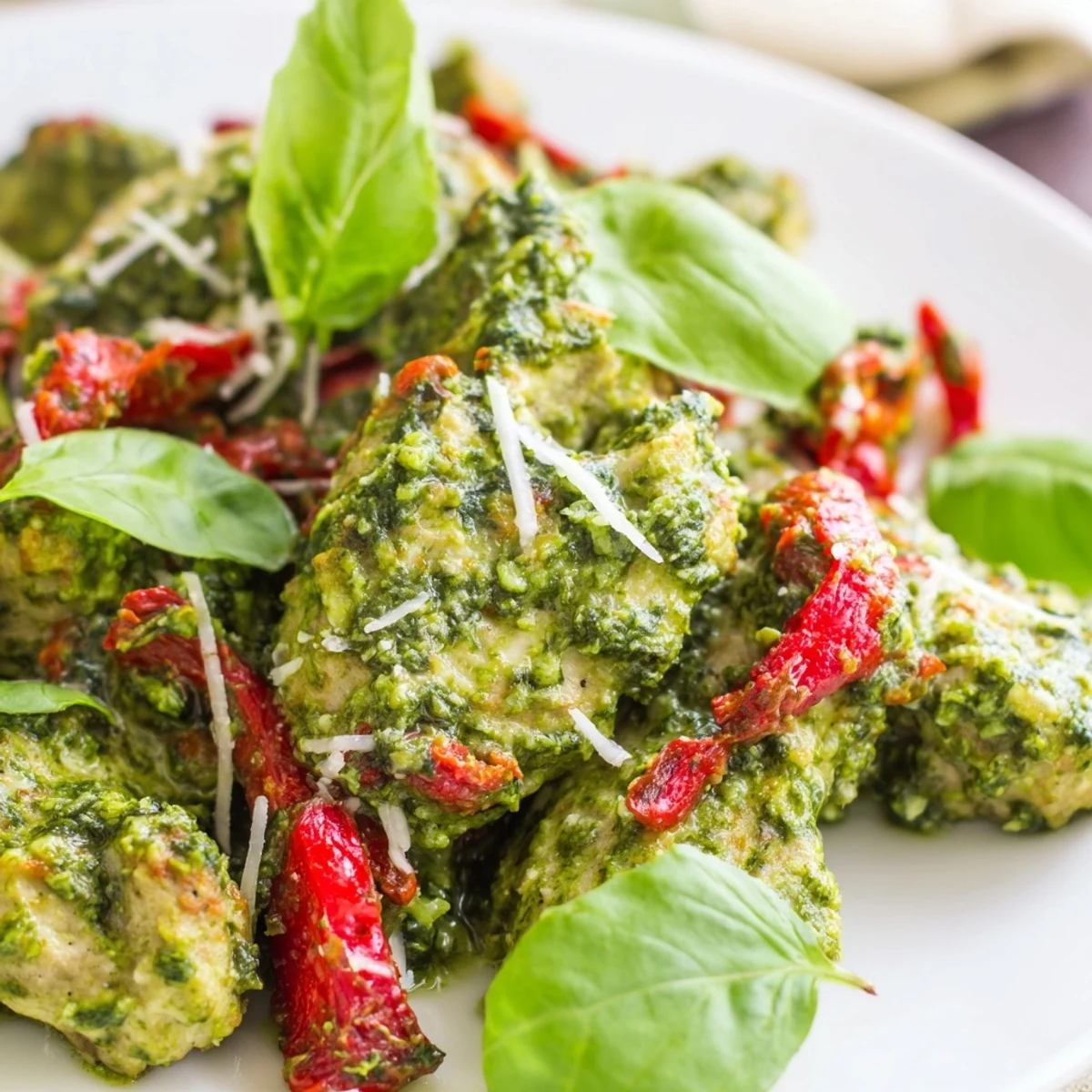Sizzling pan of Pesto Turkey and Roasted Red Pepper Skillet garnished with fresh Parmesan cheese