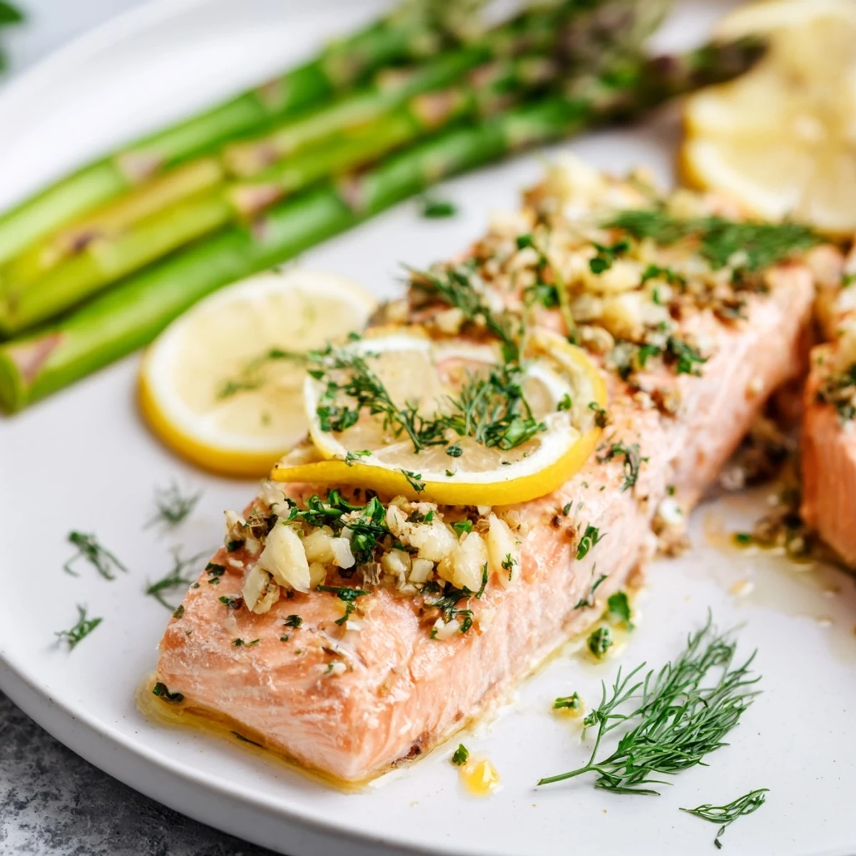 Golden baked salmon fillets with tender asparagus, fresh herbs, and bright lemon slices on a baking sheet