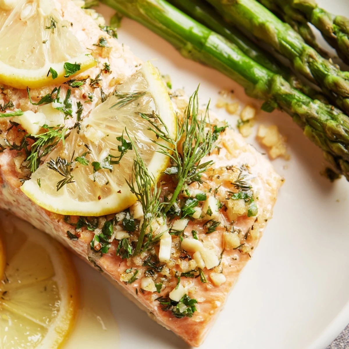 Flaky garlic herb salmon paired with roasted asparagus spears and zesty lemon rounds on parchment paper