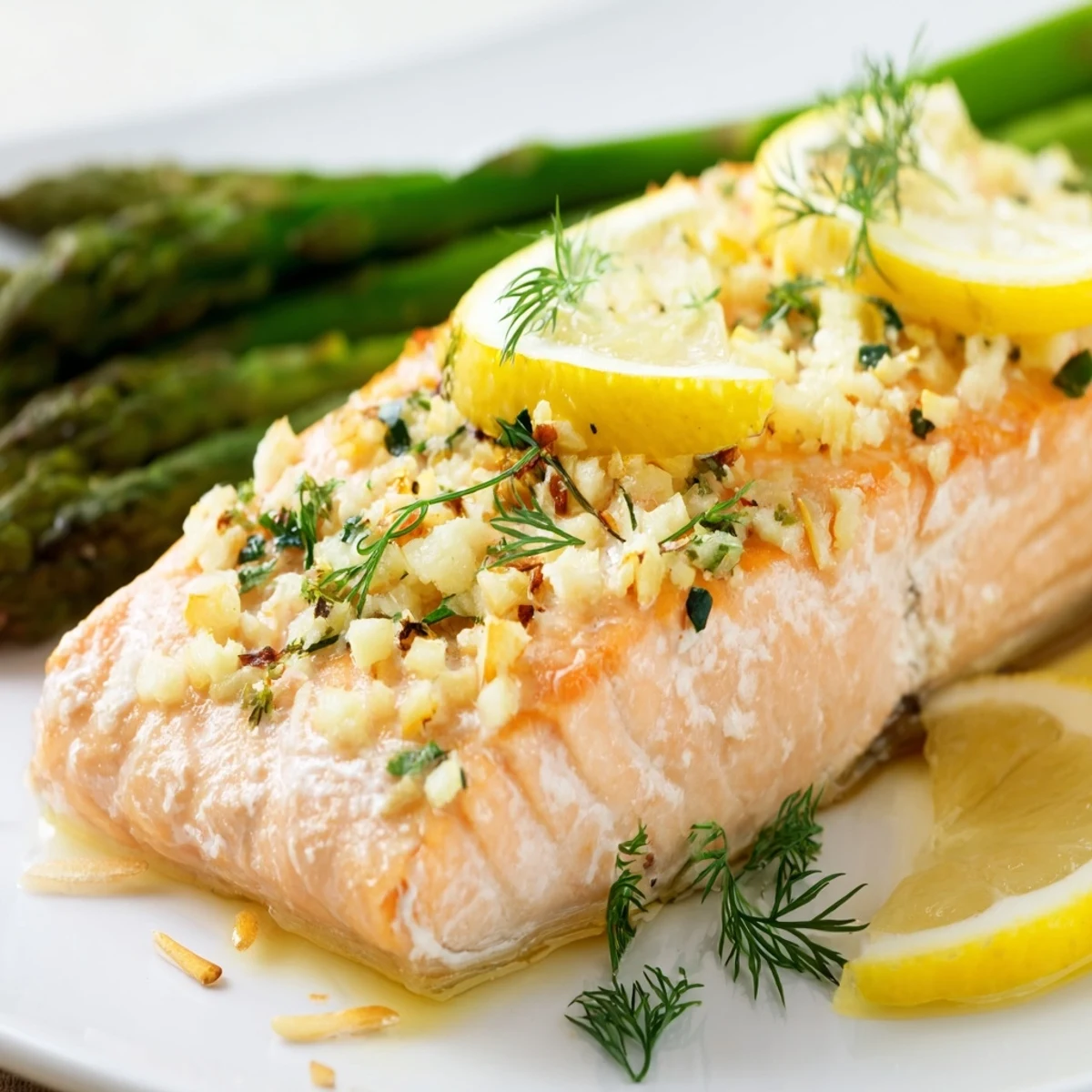 Succulent herb-crusted salmon baked alongside crisp asparagus and lemon wheels for a healthy weeknight dinner