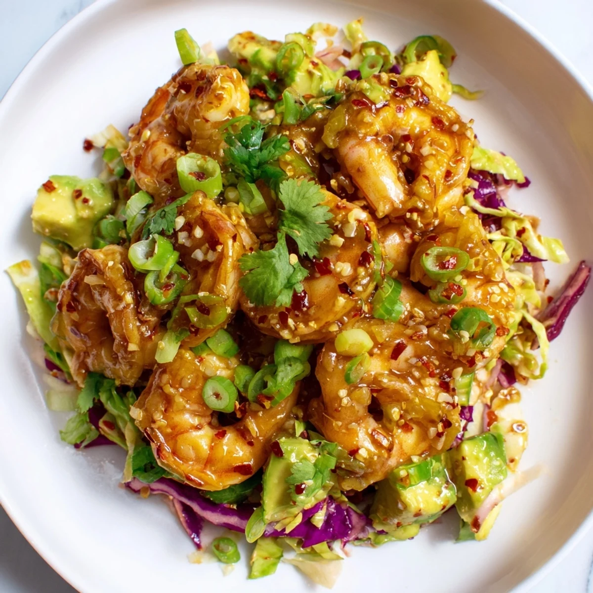 Golden spicy garlic shrimp resting atop crisp red and green cabbage with creamy avocado chunks