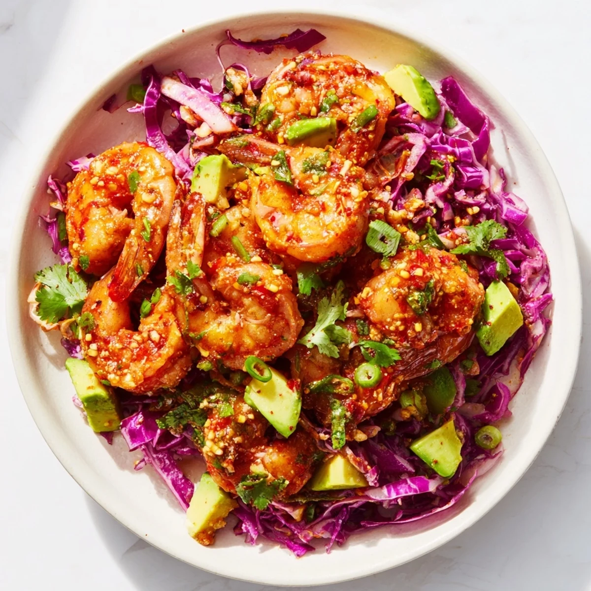 Zesty spicy garlic shrimp served on a bed of crunchy cabbage slaw and lime wedges