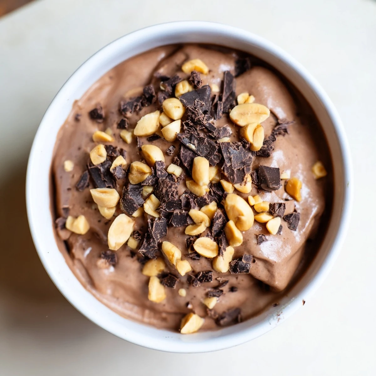Rich chocolate peanut protein chia whip topped with roasted peanuts and dark chocolate shavings in a glass bowl