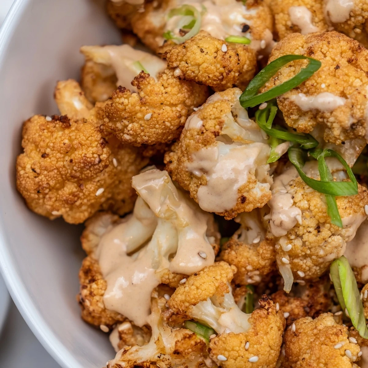 Rustic baking sheet of miso tahini roasted cauliflower with caramelized edges and sesame seed topping
