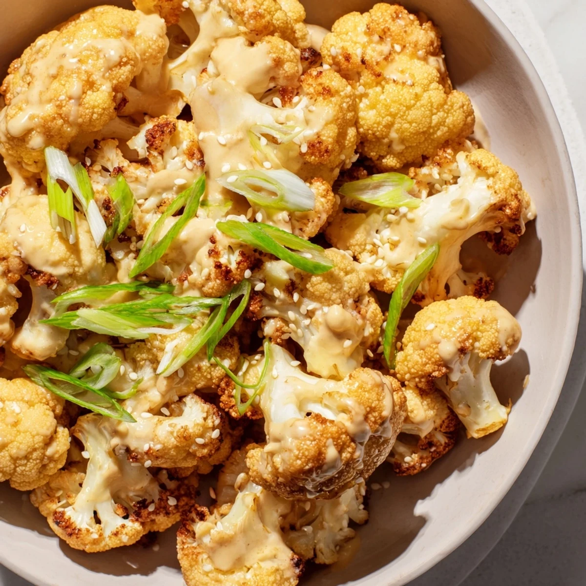Golden roasted cauliflower florets coated in creamy miso tahini sauce with fresh green onion garnish