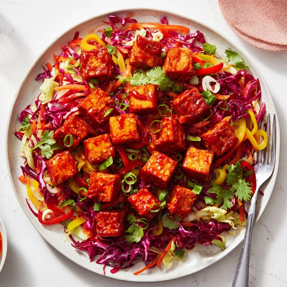 Spicy glazed tofu served atop colorful shredded cabbage and fresh vegetable medley